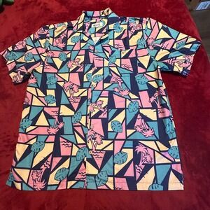 Uzzi Amphibious Gear Mens Medium Retro Geometric Palm Tree‎ Shirt HP77 Pink Blue